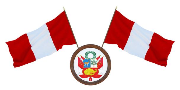 Nationale vlag en het wapen 3d illustratie van Peru. Achtergrond voor editors en ontwerpers. Nationale feestdag - Foto, afbeelding