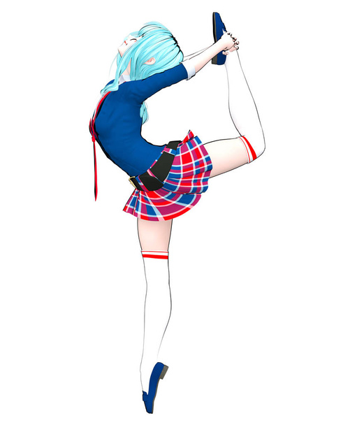 3D-sexy anime pop Japans schoolmeisje grote blauwe ogen en lichte make-up. Rok kooi. Tekenfilm, strips, schets, tekening, manga illustratie. Conceptuele mode kunst. Verleidelijke candid pose. - Foto, afbeelding