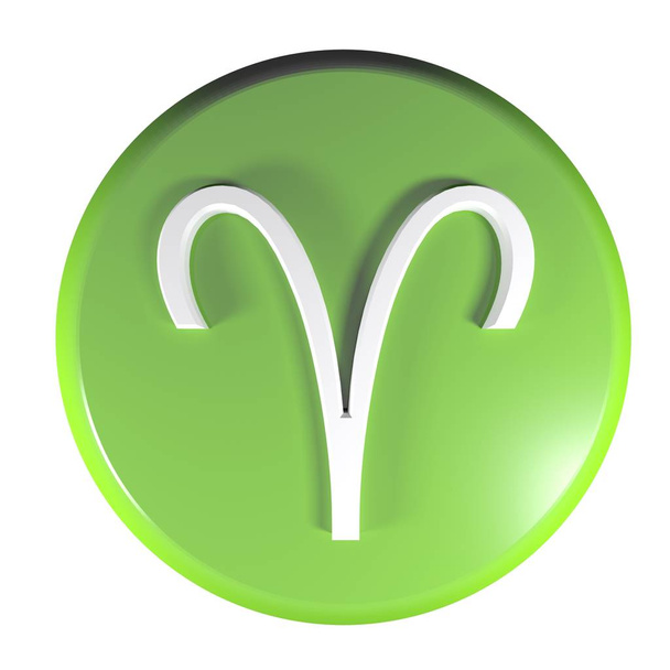Zielone kółko przycisk z ikoną znak zodiaku Baran, na białym tle na białym tle renderowania - 3d ilustracja - Zdjęcie, obraz