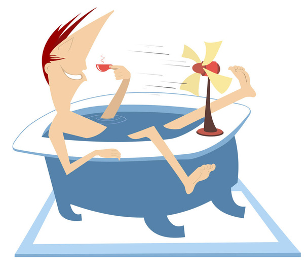 Muž, vana, stolní ventilátor, čerstvé kávy a vzduchu ilustrace. Komický člověk leží ve vaně, má kávu a bere radost čerstvý vzduch od stolní ventilátor - Vektor, obrázek