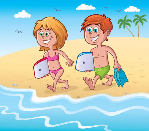 Dibujos animados de una niña y un niño sonrientes con bodyboards en la playa y caminando hacia el océano
. - Foto, Imagen