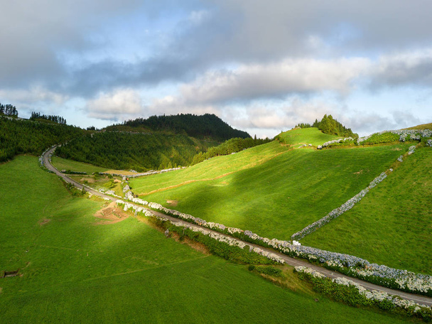 Lennokki näkymä hämmästyttävä Azorien maisema. Tee maatila vihreillä pelloilla San Miguelin saaren pohjoisrannikolla, Azoreilla, Portugalissa. Lintu silmä näkymä, antenni panoraamanäköala
. - Valokuva, kuva