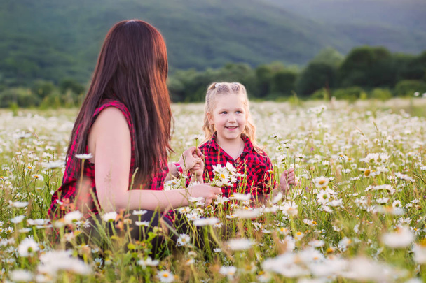 Mother with cute little child girl in the chamomile field in spring - Foto, imagen