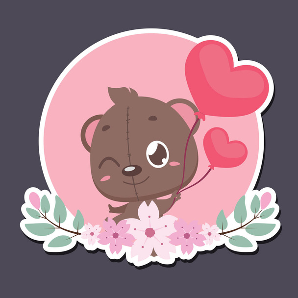 Valentine's Day badge with cute teddy bear - Vektör, Görsel