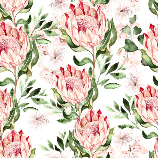 Watercolor tropical pattern with hibiscus and protea flowers. - Fotó, kép