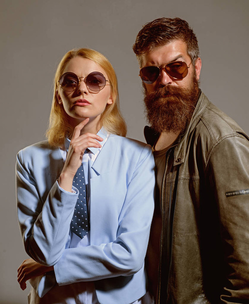 Trust is the most important part of a relationship. Friendship relations. Fashion models in sun glasses. Couple in love. Couple of man and woman wear fashion glasses. Love relations. Friendship day - Zdjęcie, obraz