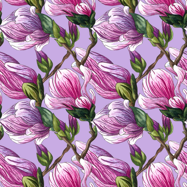 Watercolor seamless pattern of pink Magnolia flowers. Watercolor magnolia hand drawn seamless pattern on color background. Botanical flowers elements for your design. Magnolia Branch with flowers and leaves. - Foto, imagen