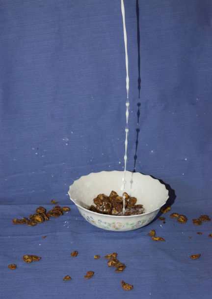 leche que cae en un tazón con cereales de chocolate - Foto, imagen
