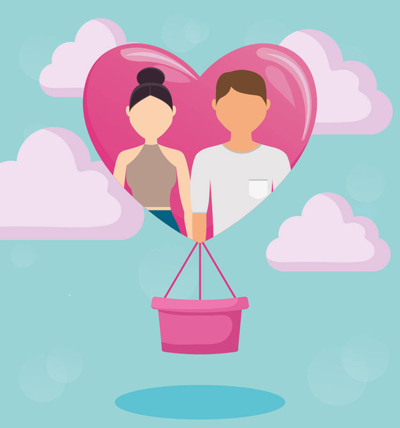 lovers couple in balloon air hot with heart shape - Vector, Image