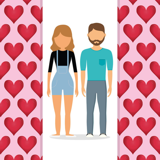 lovers couple with hearts pattern background - Vector, Image