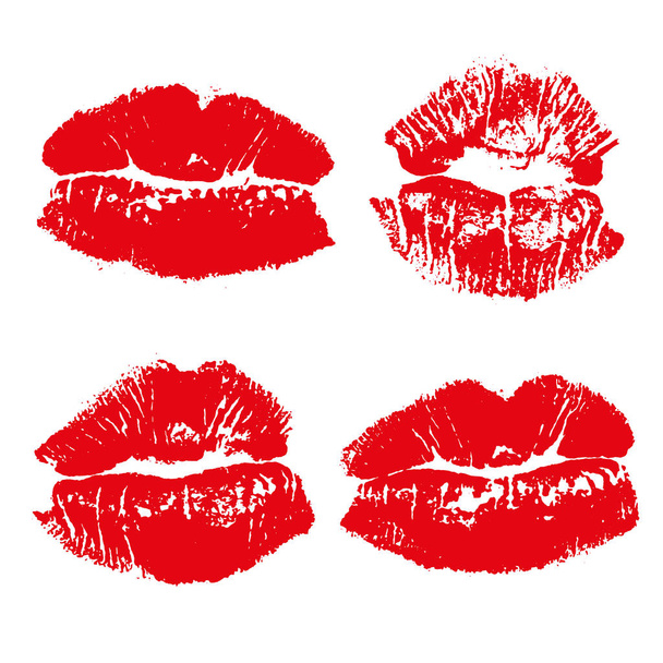 Set imprint kiss red lips isolated on white background - Vector, Image