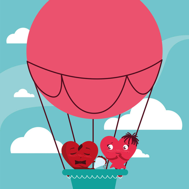 hearts couple flying in balloon air hot - Vector, Image
