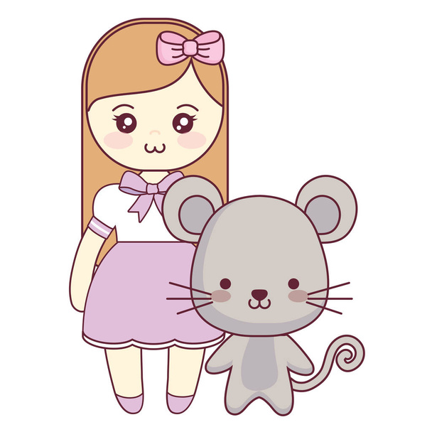 lindo y pequeño ratón con chica
 - Vector, Imagen