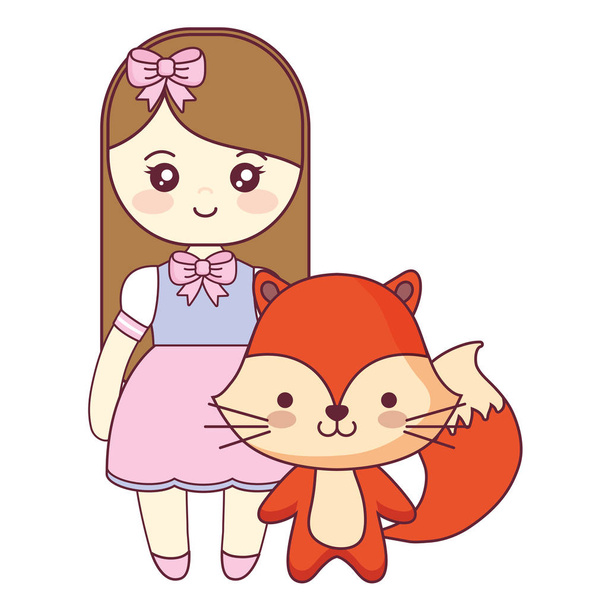 cute and little fox with girl - Vector, Image