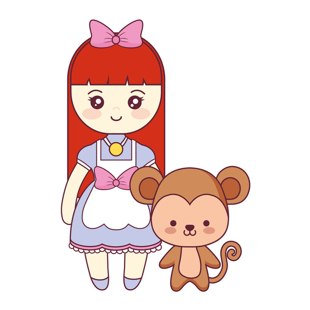 χαριτωμένος και μικρή μαϊμού με κορίτσι - Διάνυσμα, εικόνα