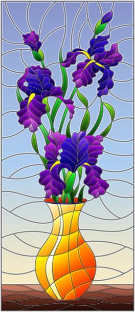 Иллюстрация в витражном стиле с цветочным натюрмортом, букет фиолетовых ирисов в оранжевой вазе на синем фоне
 - Вектор,изображение