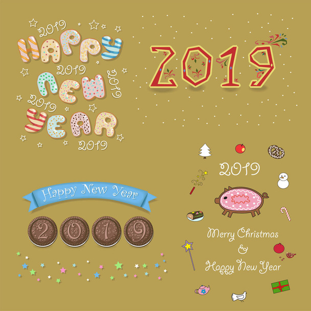 Ano Novo de Natal 2019 Set. Inscrições por fonte artística - donuts doces, buscuits de chocolate, creme branco. Porco engraçado é como um biscoito de gengibre. Ilustração
 - Foto, Imagem