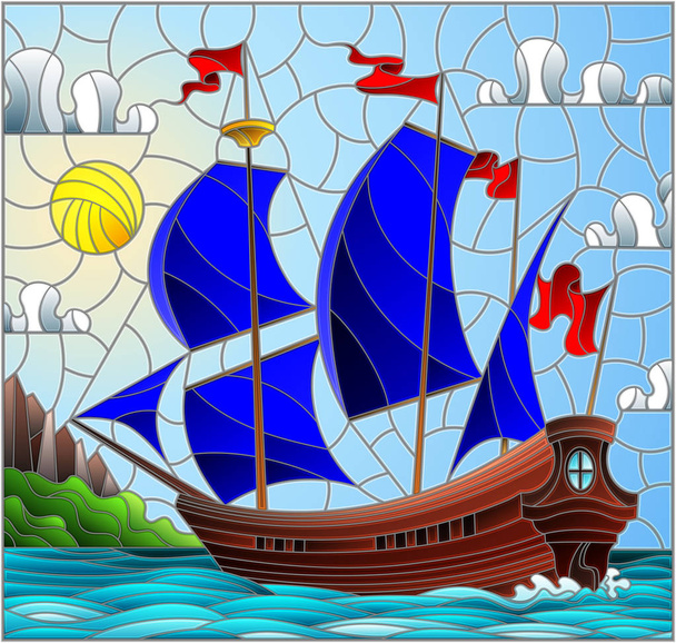 Εικονογράφηση στο λεκιασμένο γυαλί στυλ με ιστιοφόρα με μπλε πανιά κατά τον ουρανό, τη θάλασσα και την Ανατολή του ηλίου - Διάνυσμα, εικόνα