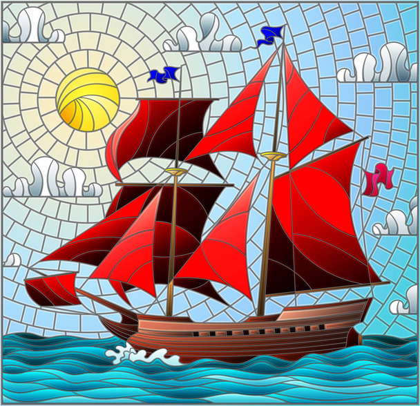 Ilustracja w stylu witrażu z starego żaglowca z czerwone żagle, morze, słońce i niebo, seascape  - Wektor, obraz