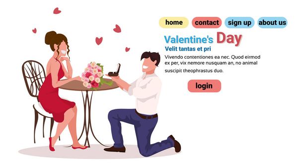 man kneeling holding engagement ring proposing to woman marry him happy valentines day concept couple in love marriage offer full length characters horizontal copy space - Vector, Image