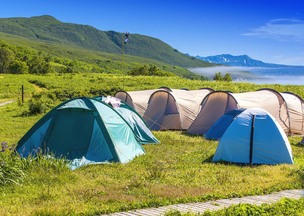 Tenda de acampamento no acampamento no parque nacional. Turistas acampados na floresta na margem do lago na encosta
. - Foto, Imagem