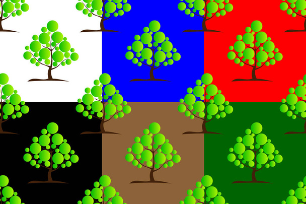 緑の落葉樹のシームレスなパターン、樹木 (白、黒、赤、青、茶色、緑) 背景セット, - ベクター画像