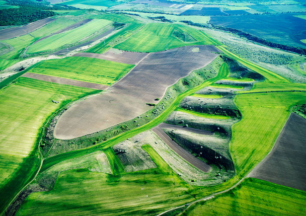 aerial panoramic view of Dobrogea fields in summer, Romania - Foto, imagen