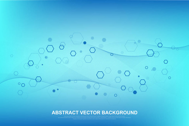 Abstract medical background DNA research, molecule, genetics, genome, DNA chain. Genetic analysis art concept with hexagons, lines, dots. Biotechnology network concept molecule, vector illustration. - Vektor, kép
