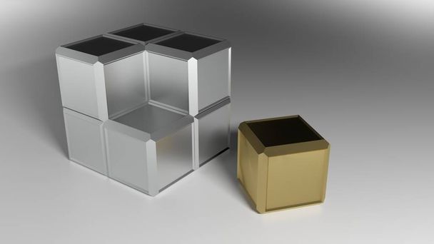 Un cubo di acciaio costruito con cubi più piccoli ha bisogno solo dell'ultimo cubo di ottone per essere messo nella sua posizione per essere completato. Isolato su sfondo bianco - Illustrazione rendering 3D
 - Foto, immagini