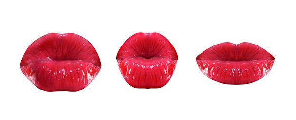 Набір поцілунків. Концепція сексуального рота. Жіночі губи з рожевою помадою. Набір з трьох сексуальних чуттєвих жіночих ротів, ізольовані на білому тлі
. - Фото, зображення