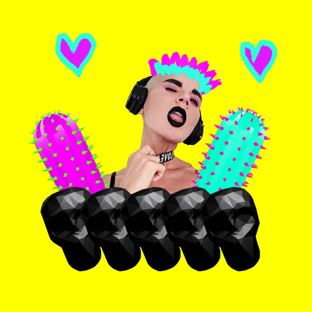 Lady DJ freak. Musical concept. Minimal contemporary colorful art collage. Hardcore party - Φωτογραφία, εικόνα