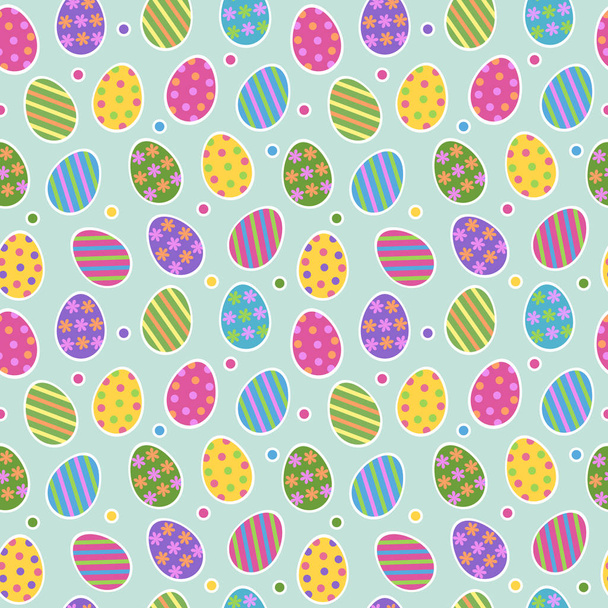 Easter egg seamless pattern vector background with cute colourful painted striped easter eggs stickers with dots on light green background. - Vector, imagen