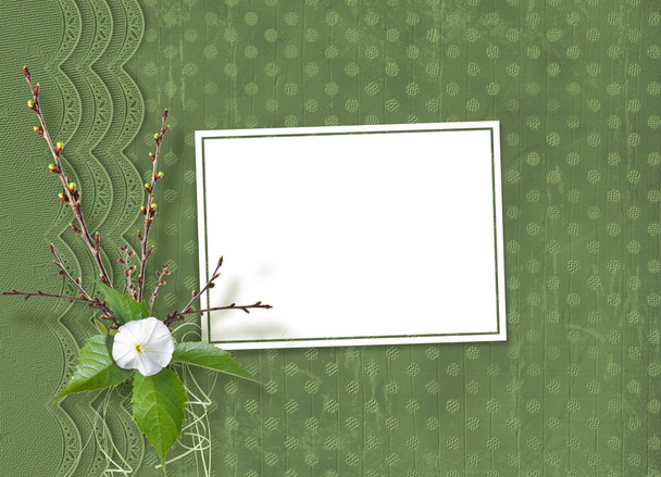 Beautiful delicate bouquet of convolvulus and flowering branches with ribbons and bows in the style of scrapbook for invitations or greetings - Φωτογραφία, εικόνα