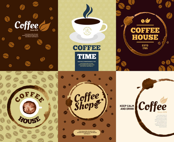 Coffee posters. Cafe stain poster or spill splash coffee stained card. Retro vector illustration set - Vektori, kuva