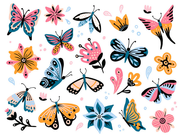 Spring flowers and butterflies. Colorful garden flower, floral decor and elegant butterfy isolated vector set - Vektor, Bild