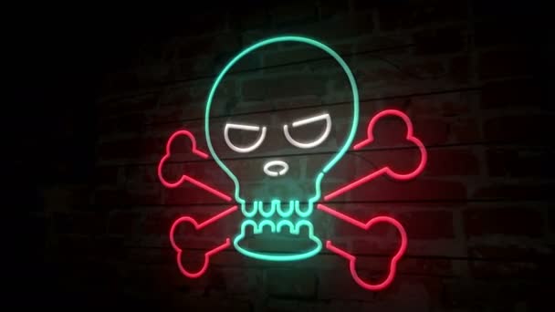 Skull and bones neon symbol on brick wall. Flicker warning sign on brick wall background. Retro style glowing 3D animation. - Video