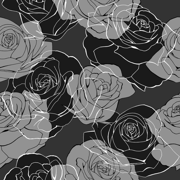 Monochrome rose flower bouquets contour elements seamless pattern on gray - Vektor, obrázek