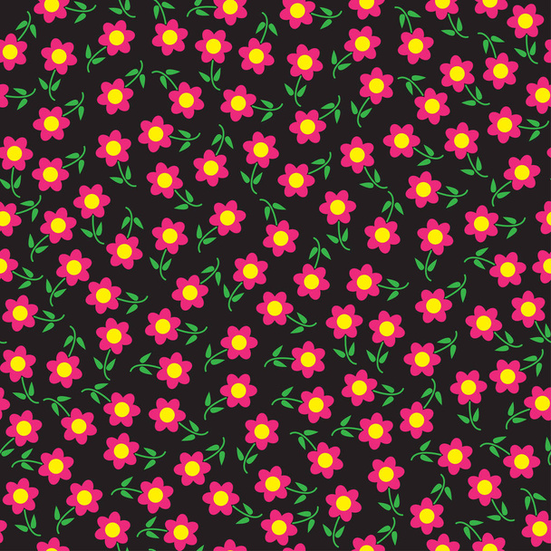 Seamless floral pattern. Pink little flowers of black background. Vector illustration. - Vector, Image