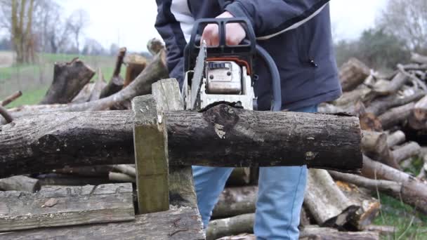 若い男がチェーンソーで火災のために木材を切断 - 映像、動画