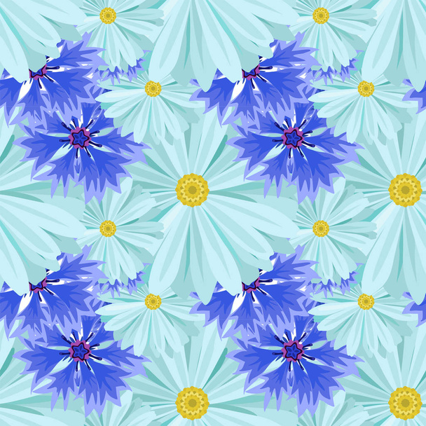 Vector seamless background with light blue daisies and blue, lilac cornflowers . - Vektor, Bild