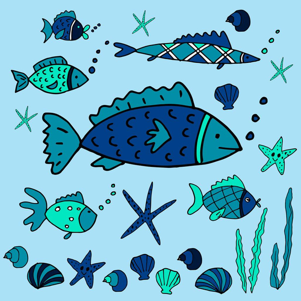 Vector set of various fish and seashells. Illustrations for marine design. - Διάνυσμα, εικόνα