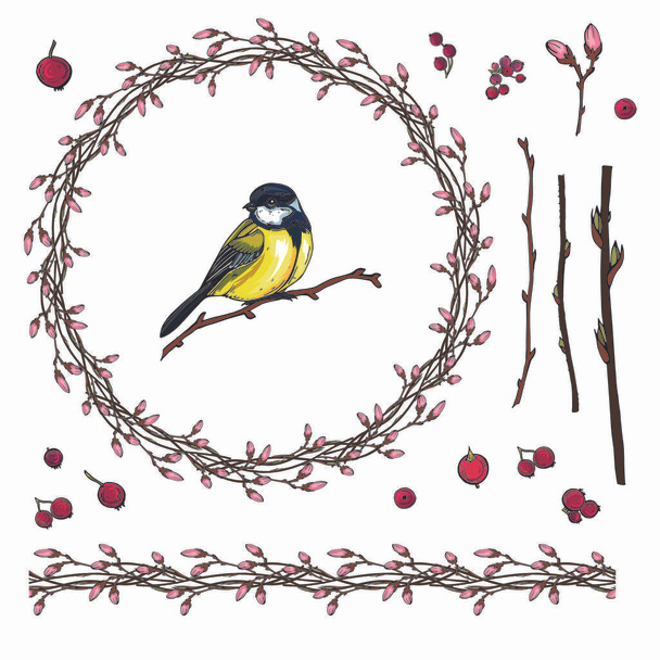 Parlak küçük bir kuş ile Çiçek bahar çelenk - Vektör, Görsel