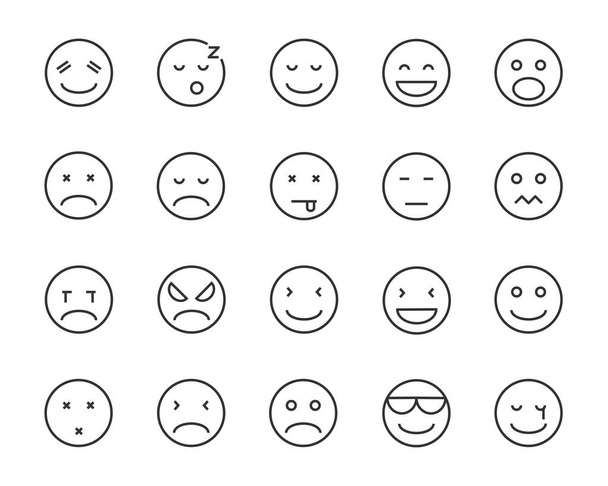 Satz von Emoji-Vektorzeilen-Symbolen, wie glücklich, schläfrig, Stimmung, traurig, wütend, langweilig, fühlen - Vektor, Bild
