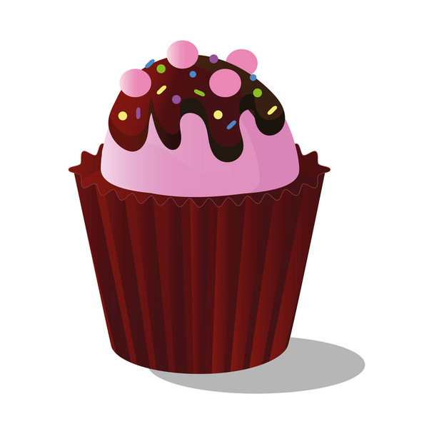 Vector drawing colorful cupcake of a decorated with decor, cream and chocolate, on white background - Vector, Image