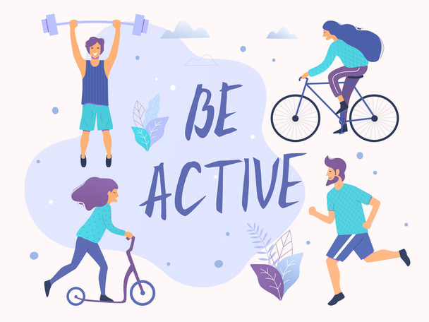 Ser ilustración vector activo. Vida activa saludable. Diferentes actividades físicas: running, roller skates, scooter, musculación
. - Vector, imagen