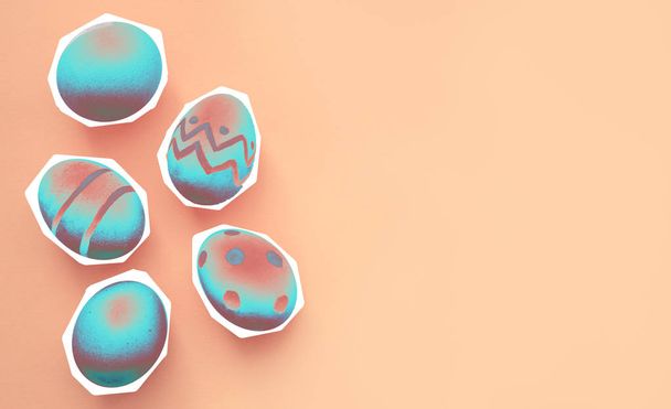 Arka plan olarak birçok dekore Paskalya yumurtası, üst görünüm. Festival geleneği. Çağdaş sanat kolaj. Disko ışıkları ve gökkuşağı rengi - Fotoğraf, Görsel