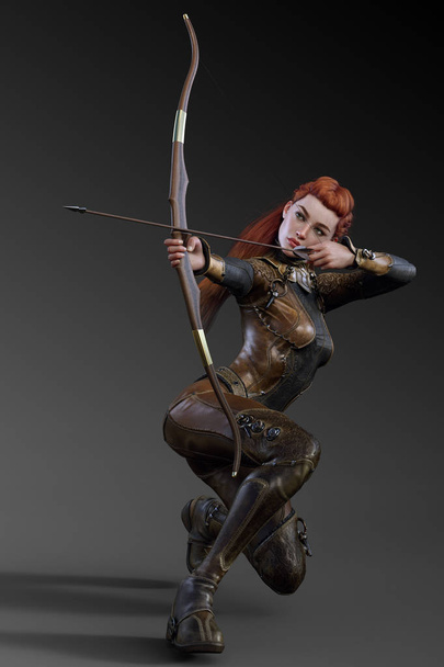 Arquero de fantasía o guardabosques mujer en armadura de cuero con pelo rojo
 - Foto, imagen