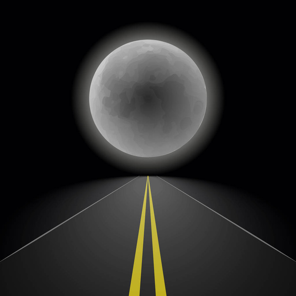Άδειο ευθεία νύχτα προοπτική ασφαλτοστρωμένο δρόμο που εκτείνεται σε απόσταση στον ορίζοντα για το ιστορικό της ένα μεγάλο πλήρες φεγγάρι, εικονογράφηση διάνυσμα υπαίθριο τοπίο - Διάνυσμα, εικόνα