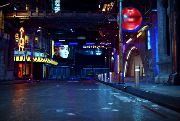 Cyberpunk or Sci Fi Street at Night - Photo, Image