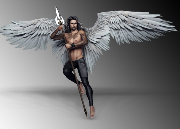 Sexy Musclé Tatoué Ange masculin avec des ailes blanches
 - Photo, image